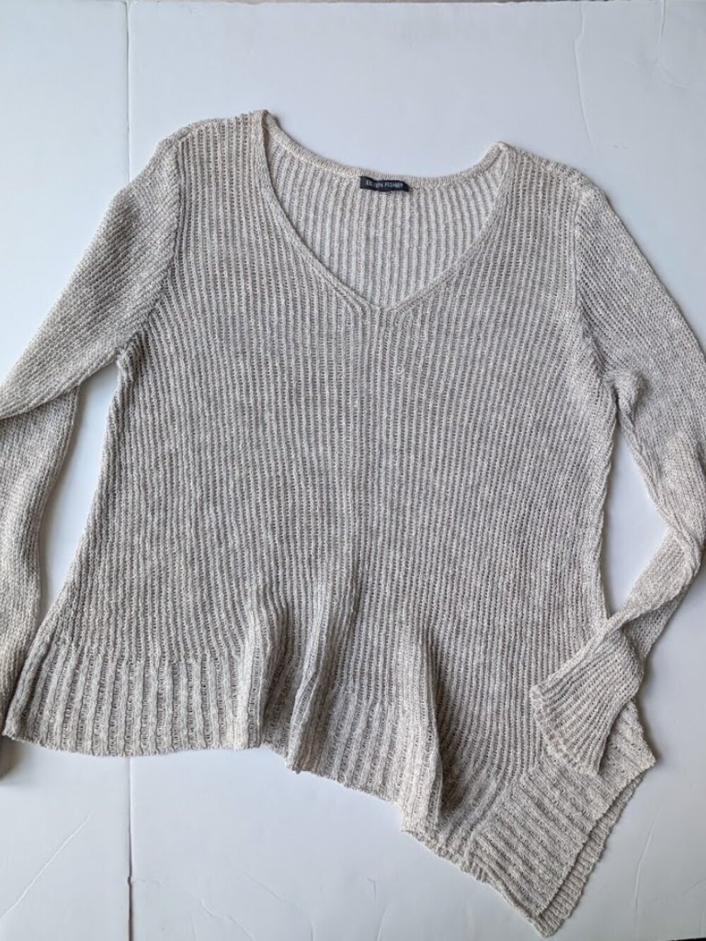 Eileen Fisher Linen Blend Mesh Knit V-Neck Asymmetric Hem Sweater Sz: S/M